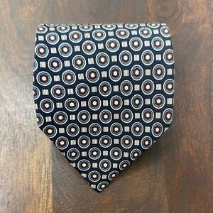 CHRISTIAN DIOR 100% Silk Tie Navy Blue w/Circles & Lines GUC